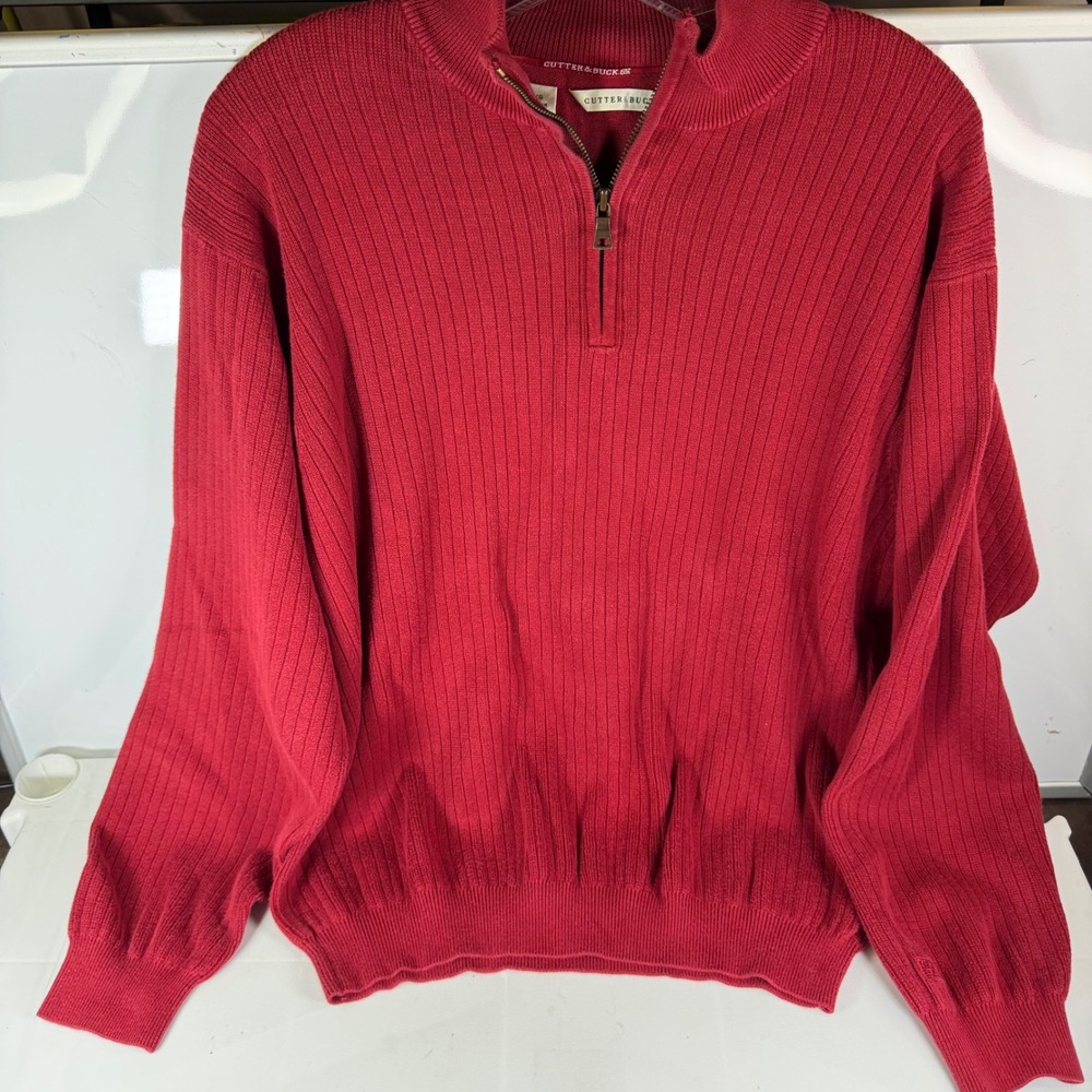 Cutter & Buck Men Red Ribbed Quarter Zip Long Sleeve Sweater‎ Large Cotton